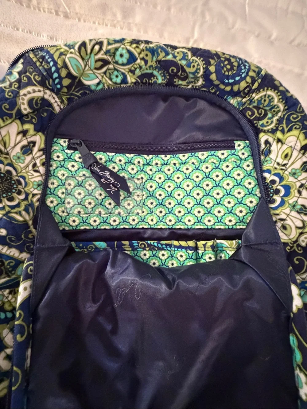Vera Bradley Navy Floral Paisley Quilted Backpack with Teal & Green Accents